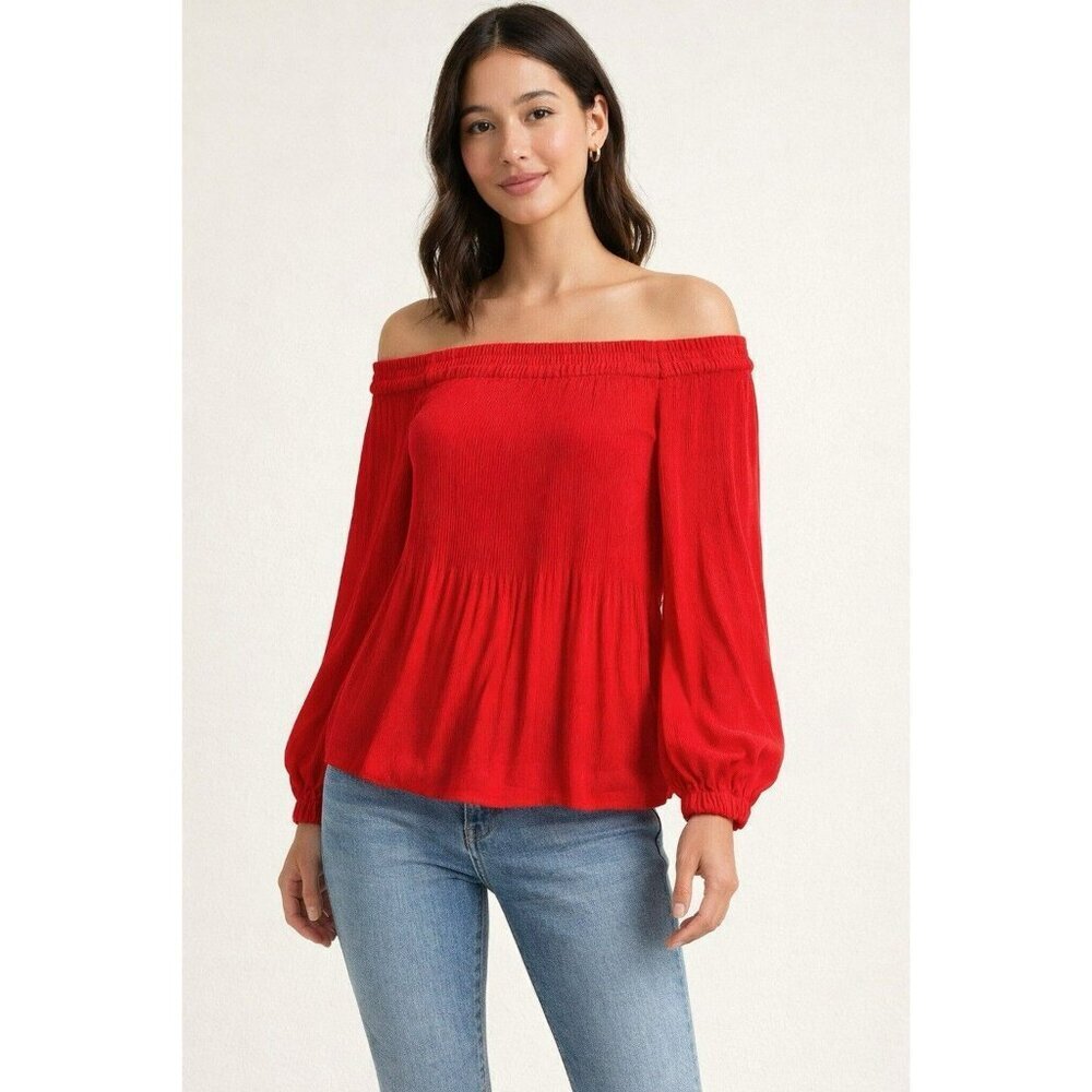 LOFT Red Pleated Off-Shoulder Blouse Size Medium Flowy Boho Chic Top